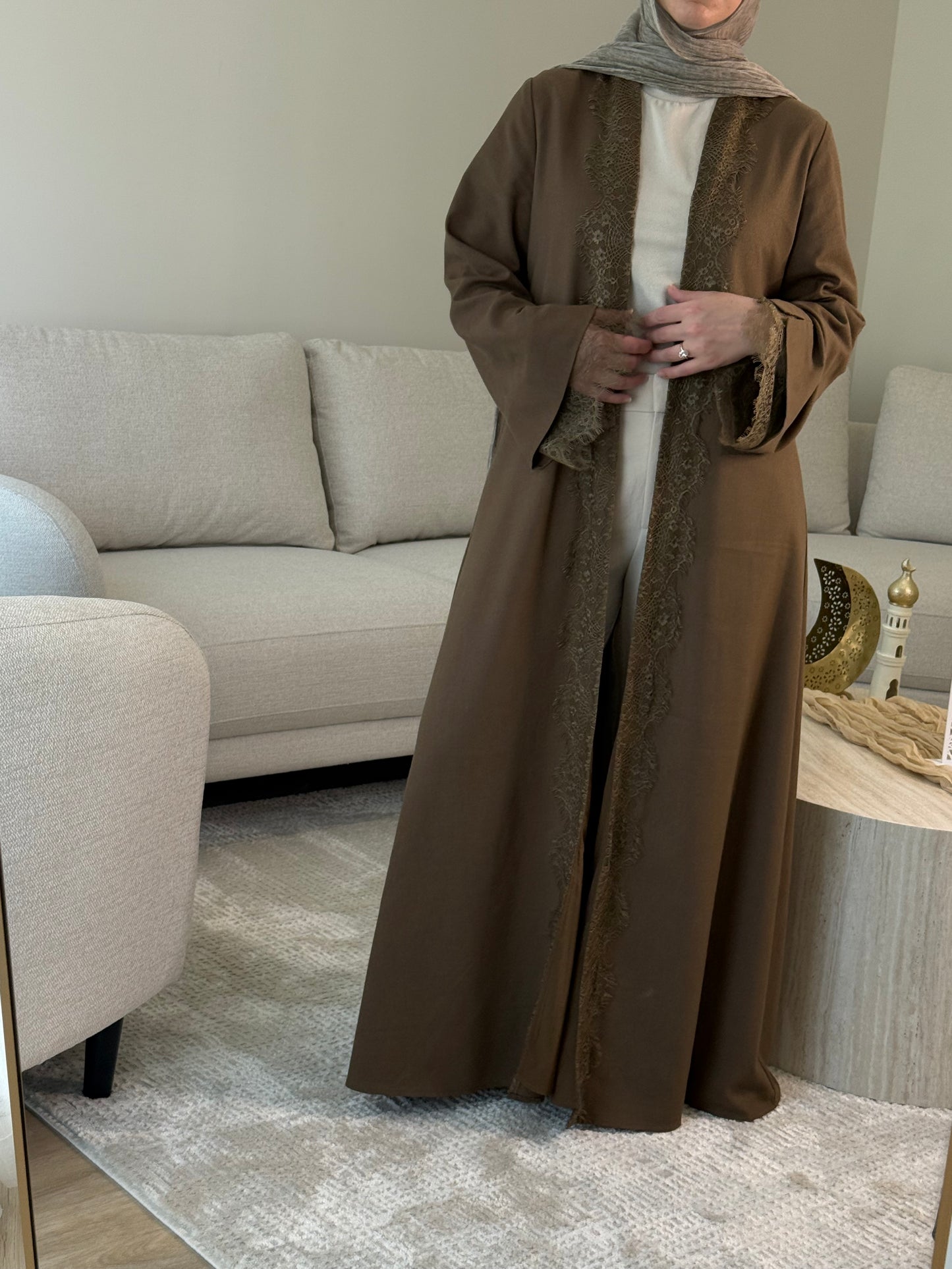 Brown Lace Open Abaya