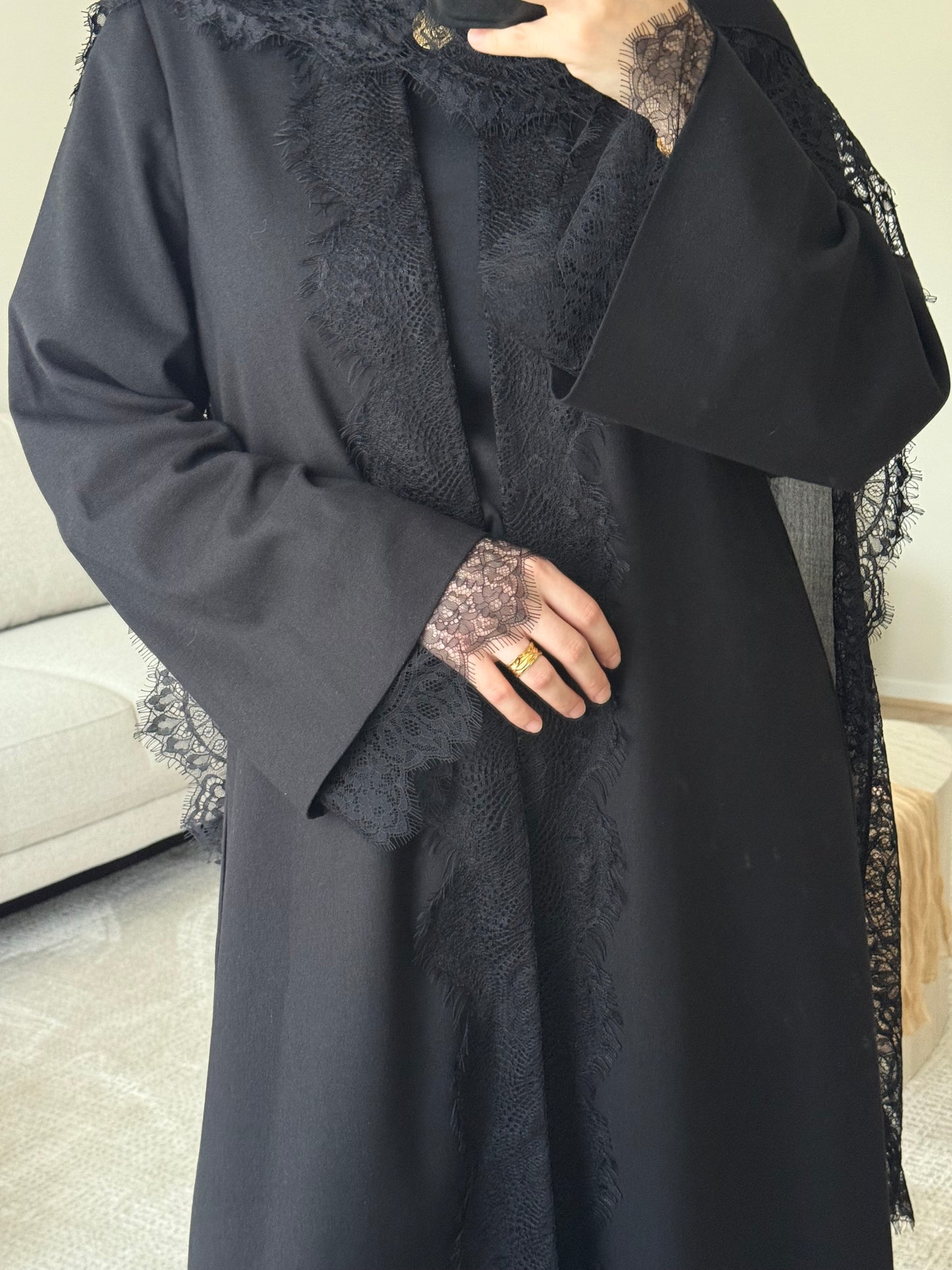 Black Lace Open Abaya