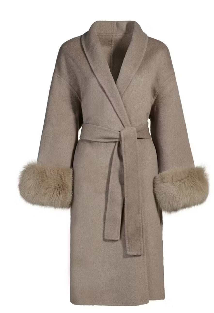 FUR WRAP COAT - TAUPE