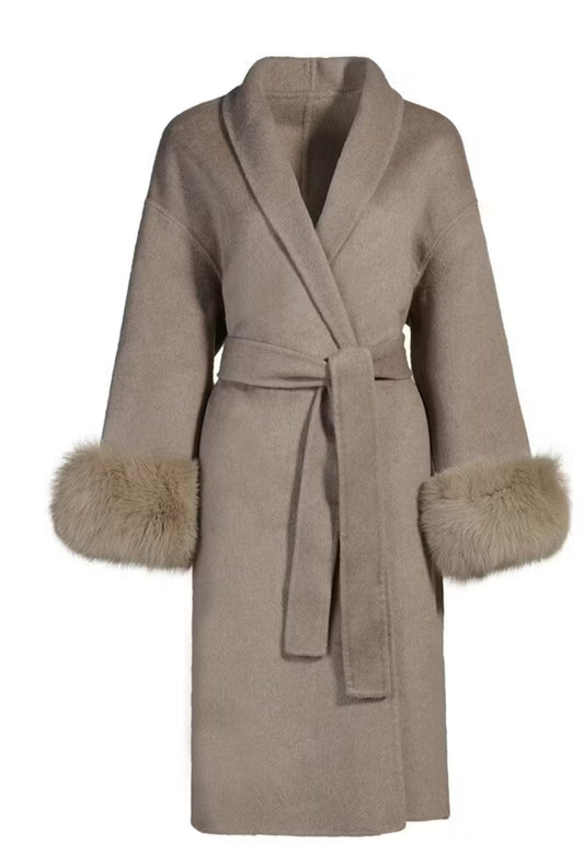 FUR WRAP COAT - TAUPE