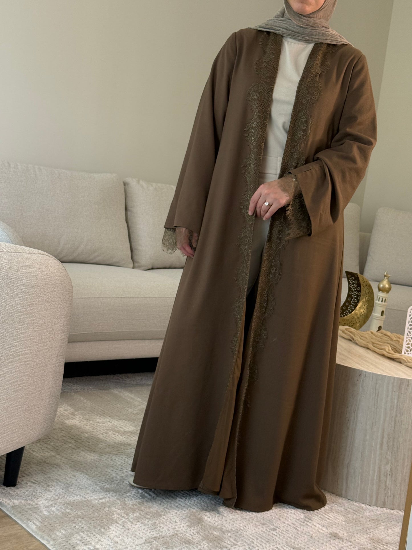 Brown Lace Open Abaya